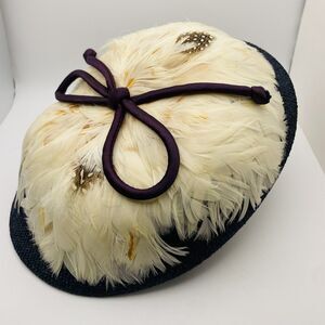 Vintage White Feather Fascinator Purple Bow Womens Saucer Hat Derby Party